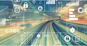Cybersecurity and data analytics icons overlaid on a high-speed motion blur tunnel representing secure data transmission