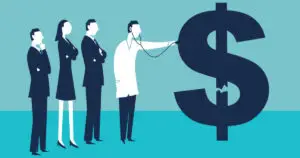 Doctor using a stethoscope to examine a cracked giant dollar sign with business people waiting in line