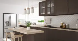 Modern kitchen design with dark brown cabinets, light wood countertops, and kitchen island