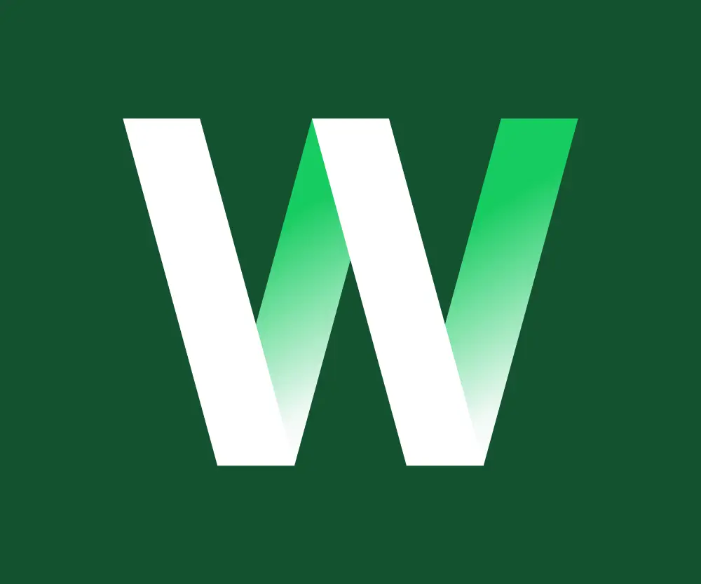 Stylized white and green letter W logo on dark green background