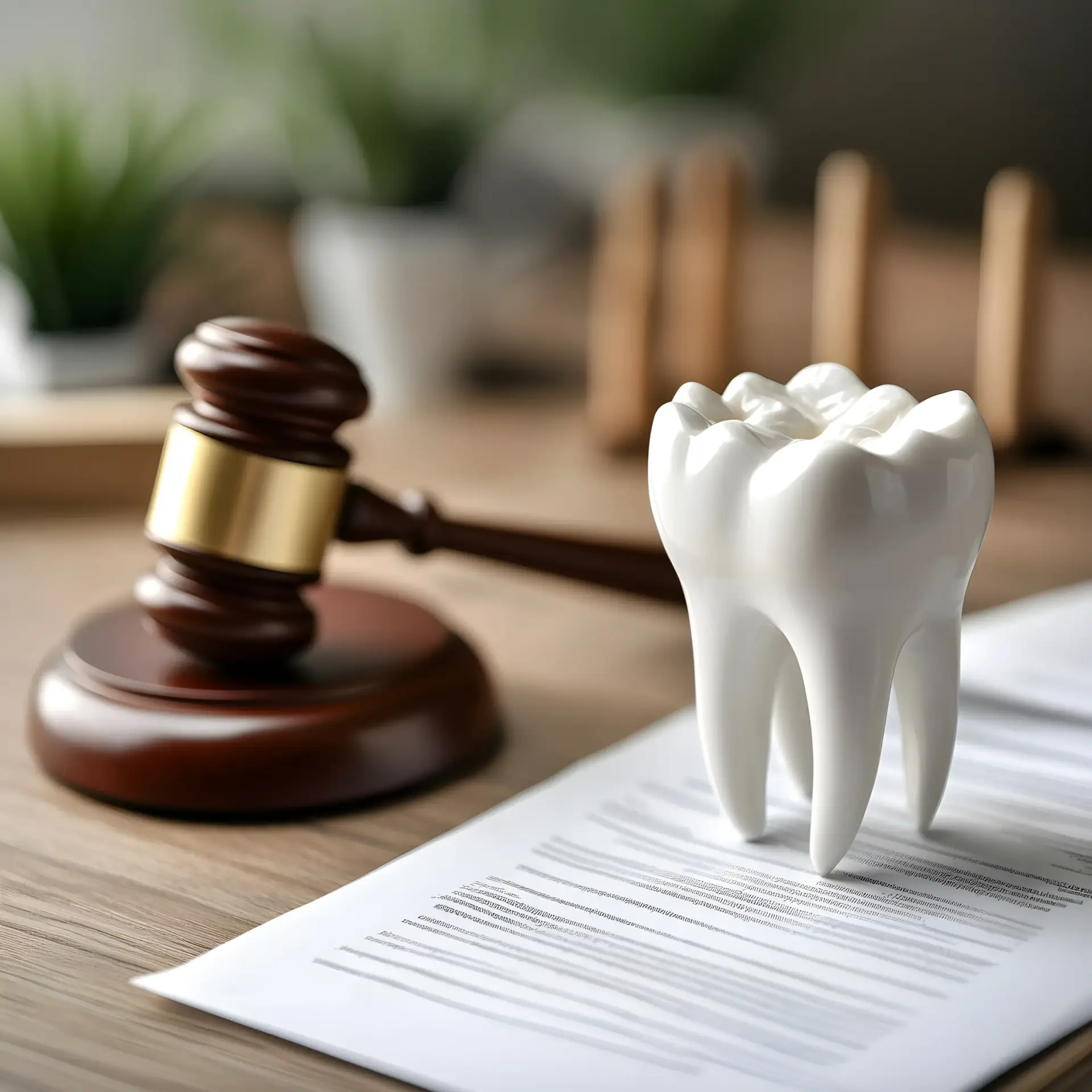 White tooth model on legal document next to judge gavel for dental law concept